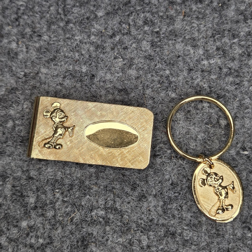 Vintage Walt Disney Productions Mickey Mouse Gold Tone Money Clip & Keychain